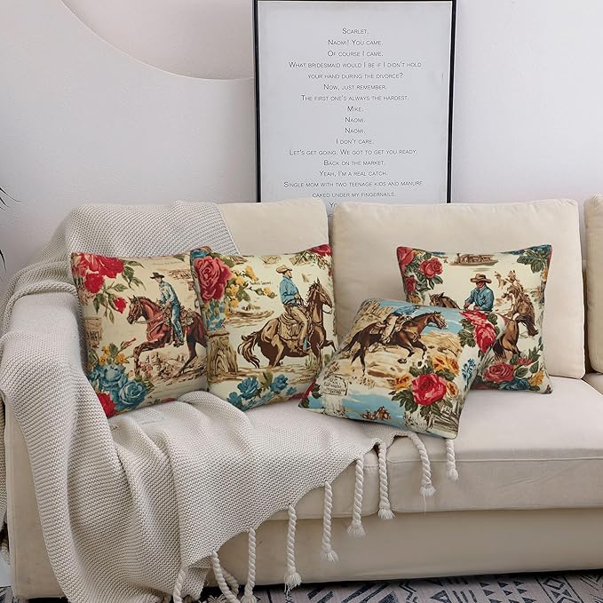 Western Horse Throw Pillow Covers 18 X 18 Inch Set of 4 Decorative Cushion Cover Home Decor for Sofa Chair Couch Bedroom Living Room