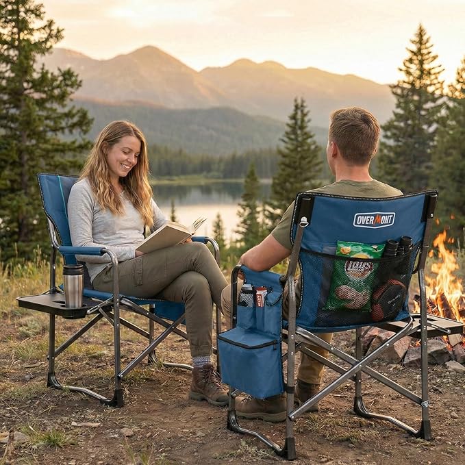Overmont Oversized Lightweight Camping Chair - Portable Comfortable Heavy Duty Foldable Directors Chairs with Side Table & Cooler Bag for Outside Camp Beach Picnic Lawn and Fishing Supports 400lbs