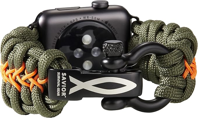 Savior Survival Gear Paracord Watch Band, Compatible with Apple Watch Band 49mm 46mm 45mm 44mm 42mm, iWatch Band Series Ultra 10 9 8 7 6 5 4 3 2 1 SE, Adjustable strap for men ( Green & Orange, Large)