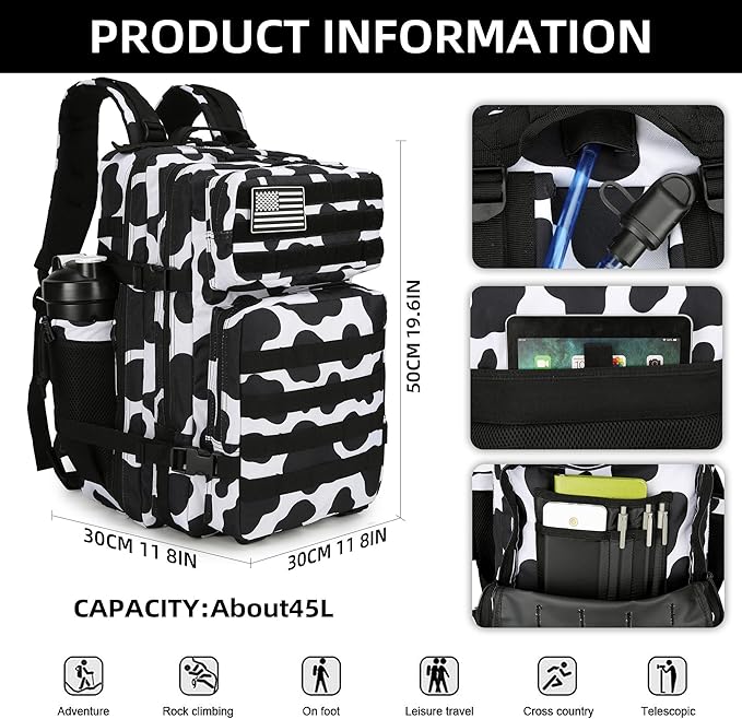 Lovelinks21 45L Tactical Assault Backpack 3 day assault pack with Molle Waterproof backpack Rucksack for Tactical Backpacks (Cow color)