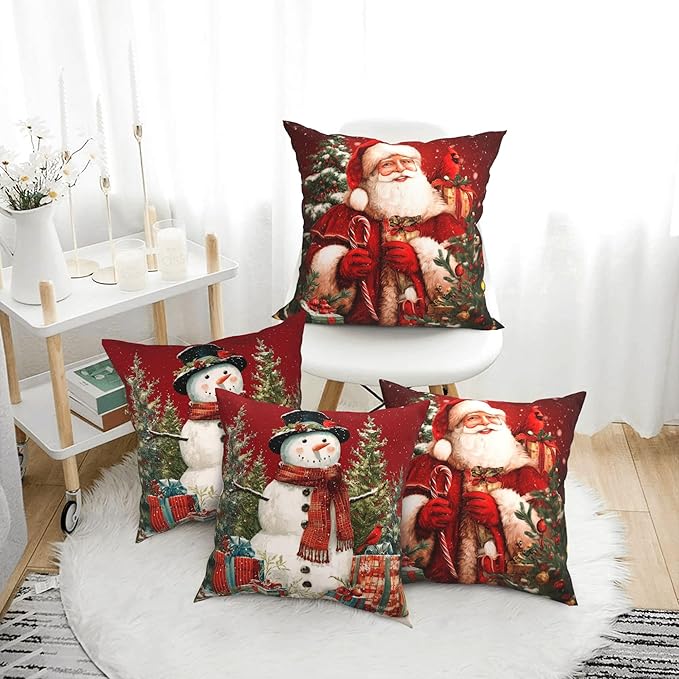 Santa Claus Throw Pillow Covers 18 X 18 Inch Set of 4 Decorative Cushion Cover Home Decor for Sofa Chair Couch Bedroom Living Room