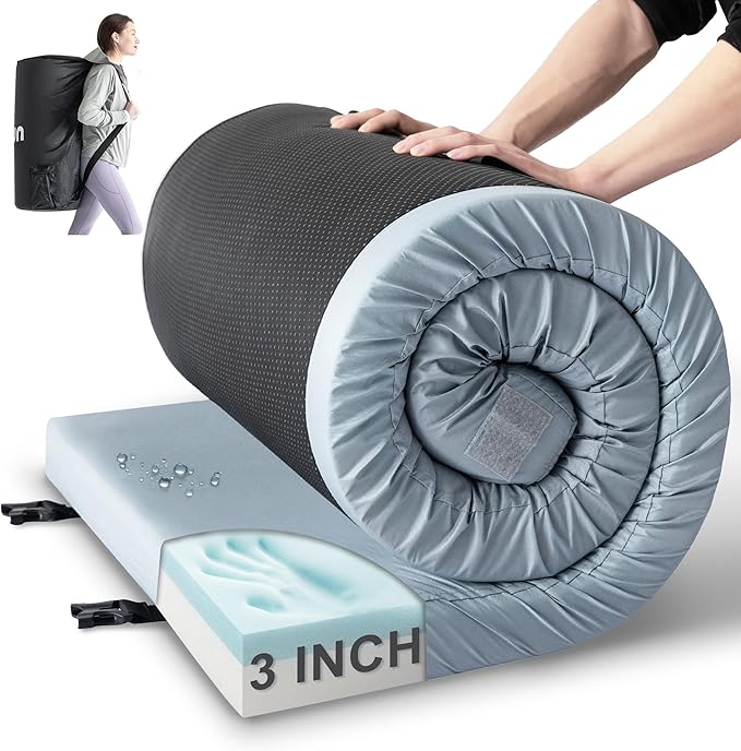 Kingfun 3 Inch CertiPUR-US Memory Foam Camping Mattress Pad, Waterproof Roll up Sleeping Pad, Thick Floor Sleeping Mats for Tent with Removable Travel Bag