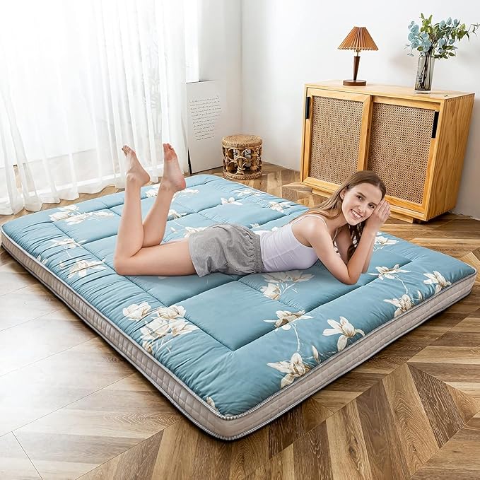 MAXYOYO Floral Printed Futon Mattress, Padded Japanese Floor Mattress Quilted Bed Mattress Topper, Extra Thick Folding Sleeping Pad Breathable Floor Lounger Guest Bed for Camping Couch, Queen Size