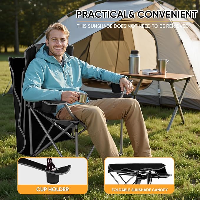 Northroad Folding Camping Chairs with Canopy Shade, Beach Chair w/Cup Holders, Armrests & Carry Bag for Outdoors Travel Sports Fishing, Black