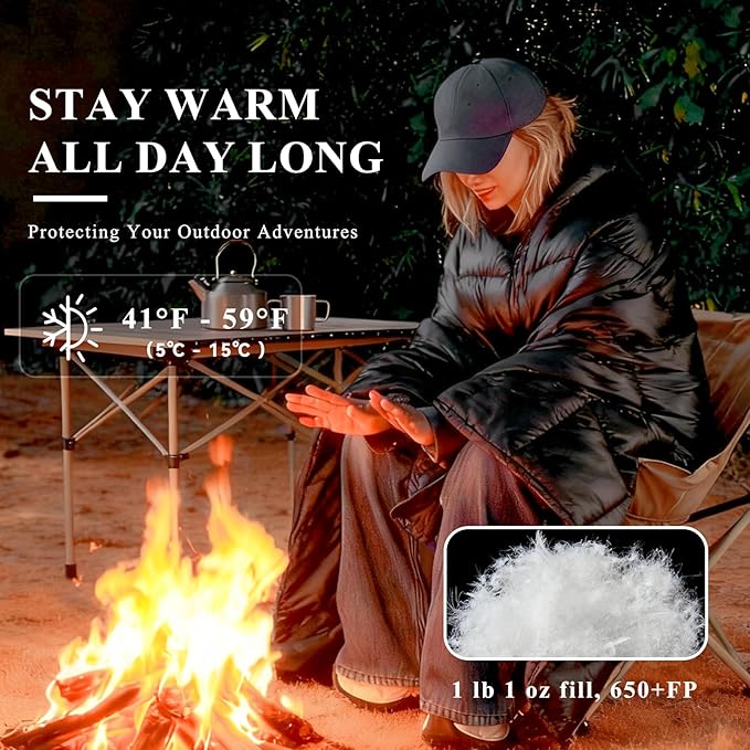 MOOX Down Camping Blanket - Packable Down Camping Quilt Backpacking Lightweight Waterproof Outdoor Hiking Stadium Warm Puffy Sleeping Bag 55"x79" Water Resistant Camp Travel Blanket, Black