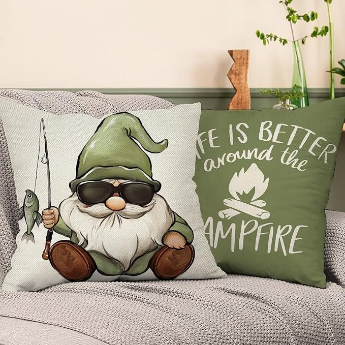 Happy Camper Gnome Green Decorative Throw Pillow Covers 20 x 20 Set of 4, Camping Life is Better Around The Campfire Porch Outdoor Home Decor, Adventure Campsite Mountain Couch Cushion Case