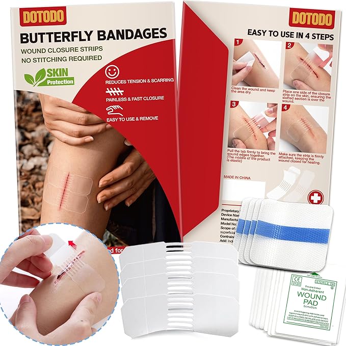 Emergency Wound Closure Strips - HSA or FSA Eligible - Dotodo 4PCS Laceration Closure Kit - Sutures Butterfly Bandaids | Stretchable & Shrinks Back to Close The Cut