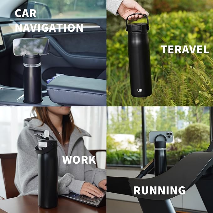 LISI 24oz Insulated Water Bottle, Double Wall Stainless Steel Water Bottles with Straw, 100% Leak-Proof Travel Thermal Canteen Mug with 2 Lids (Straw, Phone Holder Lid)