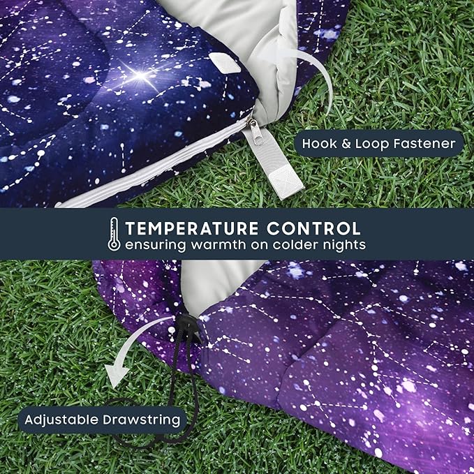 Wake In Cloud - Kids Sleeping Bag for Boys Toddlers, Camping in Warm Cold Weather, Backpacking Lightweight Compact Outdoor Liner for 3 Seasons, Constellation Galaxy