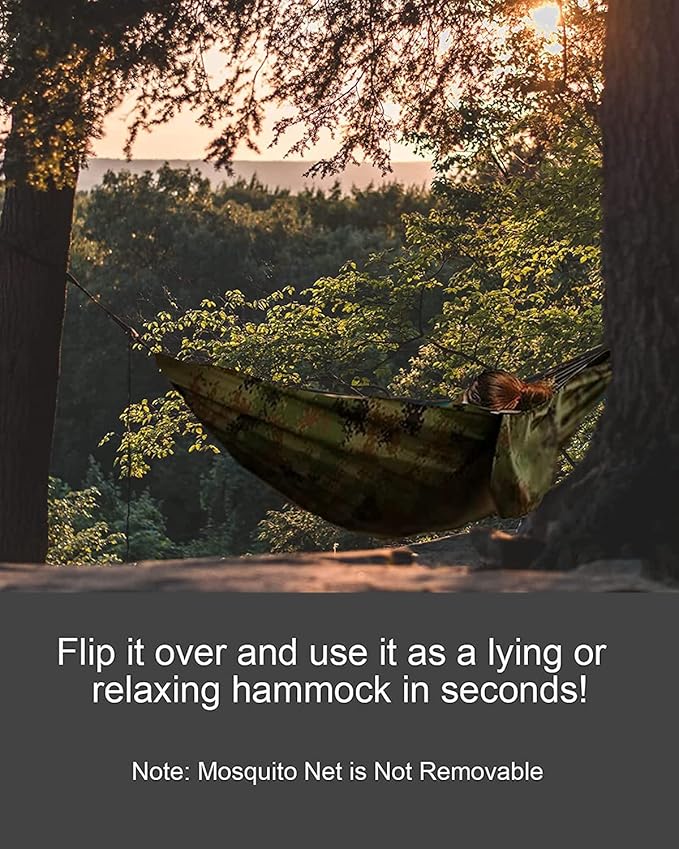 Fotgear Camping Hammock with Mosquito Net - Ultra Lightweight Durable Double/Single Travel Hammock 210T Parachute Nylon with Tree Straps 660lbs Capacity for Garden Camping Backpacking, Camo