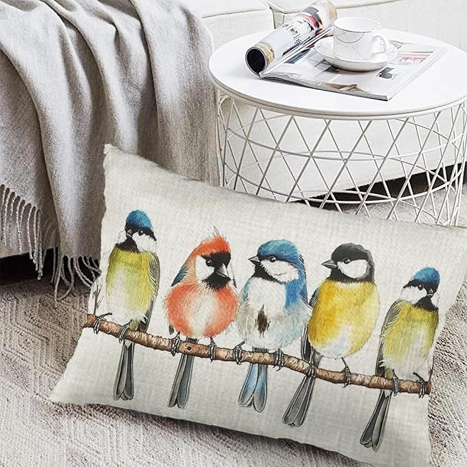 ITFRO Set of 2 Birthday Gift Watercolor Birds Standing On A Branch Cotton Linen Lumbar Nature Wild Animals Throw Pillow Cover Cushion Case Sofa Home Decor 12x20 Inches (Blue and Yellow)