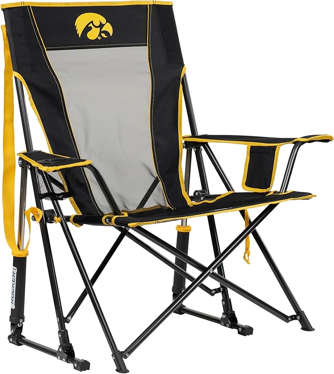 GCI Outdoor Comfort Pro Rocker Camping Chair | Portable Folding Rocking Chair with Durable Armrests & Drink Holder | Official Collegiate Licensed Sideline Sports Chair | Iowa Hawkeyes