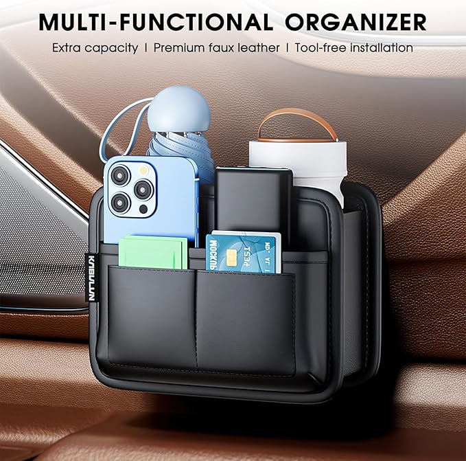 LEIWOOR Car Door Organizer & Cup Holder, Multifunctional Car Storage Box, Trash Can, Large Capacity Storage Bag, Foldable Side Storage Pouch, Interior Accessory for Sedan SUV Truck (Multi-Pocket Pro)