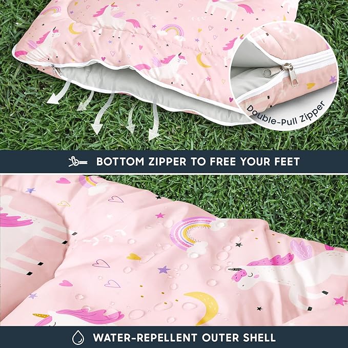Wake In Cloud - Kids Sleeping Bag for Girls Toddlers, Camping in Warm Cold Weather, Backpacking Lightweight Compact Outdoor Liner for 3 Seasons, Celestial Unicorns