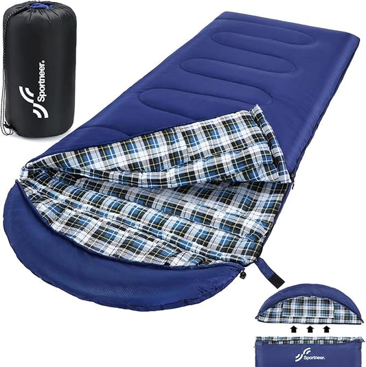 Sportneer 0 Degree Sleeping Bag for Cold Weather, XL Winter Sleeping Bag for Adults, Flannel Lined Camping Sleeping Bag, 32°F–59°F Rated, 87" x 33.5", 4.4 lbs, Detachable Hood, Compression Sack