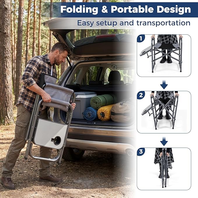 COSTWAY Folding Camping Chair, Lightweight Portable Directors Chair w/Side Table & Cup Holder, Padded Outdoor Heavy Duty Lawn Chair for Fishing, Picnic, Sports, Beach, Max Load 400 lbs (Black,2)