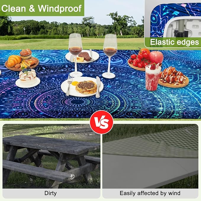Picnic Table Cover with Bench Covers Portable Table Cloth Built-in Storage Pocket Fitted Tablecloth with Elastic Edges Waterproof Camping Essentials for Indoor Outdoor Rv,72in,Blue Purple