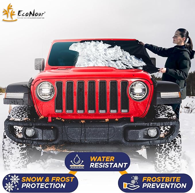 EcoNour Jeep Windshield Snow Cover | Durable 600D Oxford Fabric Winter Car | Windshield Ice Cover for Jeep Wrangler, Bronco, Gladiators | X-Small