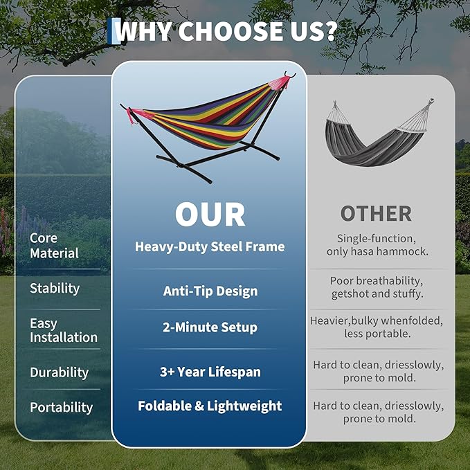 Garvee 2 Person Hammocks with Stand for Outside, Double Hammocks Portable Space Saving Heavy-Duty Steel Stand for Indoor Outdoor Patio with Carrying Bag, 450 lbs Capacity