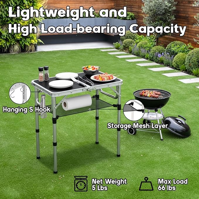 YihuiKo Small Folding Table, Aluminum 24" x 16" Adjustable Height Max 27.5" Folding Camping Table with Carrying Handle, Lightweight, Portable Camp Table for Outdoor Indoor Picnic Beach, Black