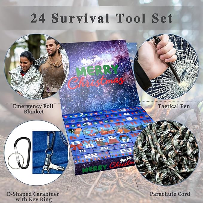 Survival Kit for Teen Men Dad Husband, 24 in 1 Emergency Survival Gear and Equipment, Tactical Tools for Outdoor Camping Fishing Hunting Adventure, Cool Birthday Idea