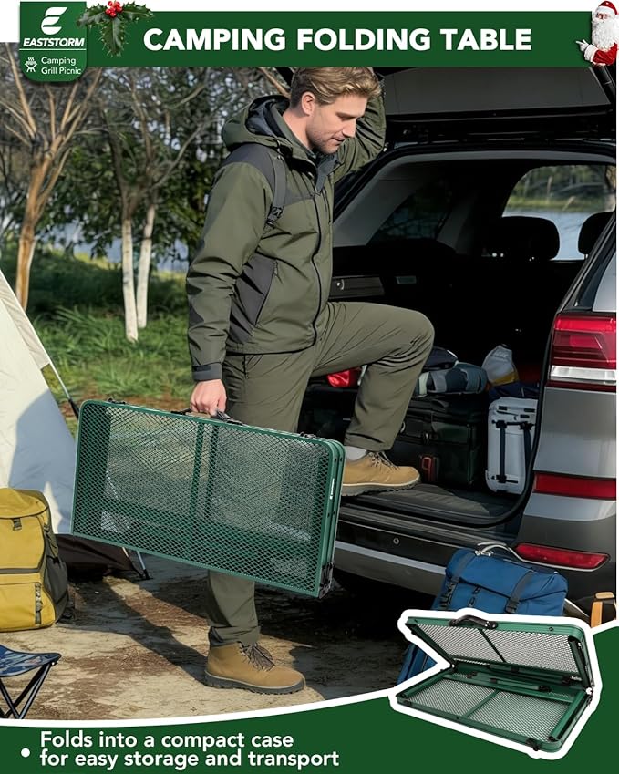 Square Folding Card Table with Adjustable Height (12" & 26"), Green Portable Metal Mesh Table for Camping, BBQ, Picnic, Game, Patio & Indoor Use, Fits 2–4 People, Lightweight 7.6 lb, Supports 66 lb
