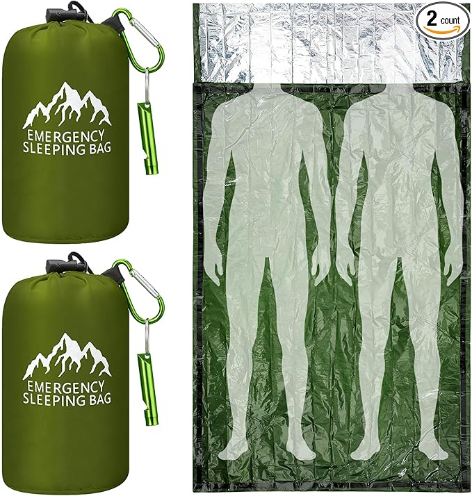 Oudain 2 Pcs XL Emergency Sleeping Bag 94.5" x 49.2" Waterproof Survival Sleeping Bag with Whistle Carabiner Portable Thermal Bivy Sack Emergency Blankets for Camping Hiking Outdoor