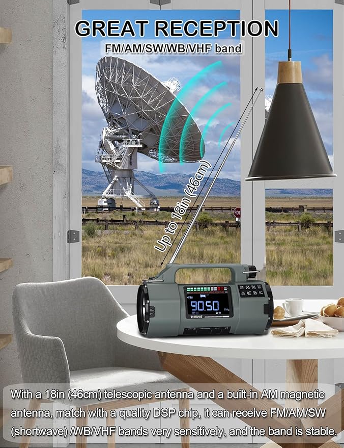ZHIWHIS Emergency Radio with Bluetooth, Multi-Function Portable Radios with LCD VA Display, FM/MW/SW/VHF/WB Receiver with Alerts, Hand Crank/Solar/USB Charging, 5000mAh for Emergencies ZWS-908(Green)