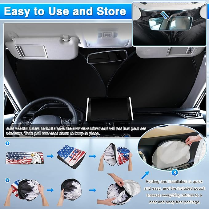 Canvcle Windshield Flag Sun Shade Sun Visor Heat Shield for 2018-2026 Jeep Wrangler JL & 2/4 Door 4XE & 2020-2026 Jeep Gladiator JT Thicken 3-Layer Keep Vehicle Cool Protect Your Car from Sun Heat