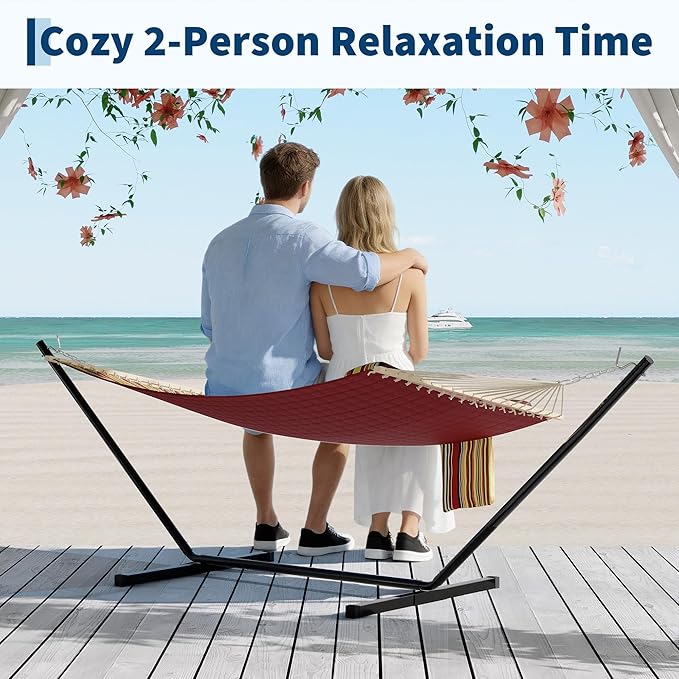Hammocks 12 FT Double Quilted Fabric Hammock with Spreader Bar and Detachable Pillow, 2 Person Hammock for Outdoor Patio Backyard Poolside, 450lbs Weight Capacity
