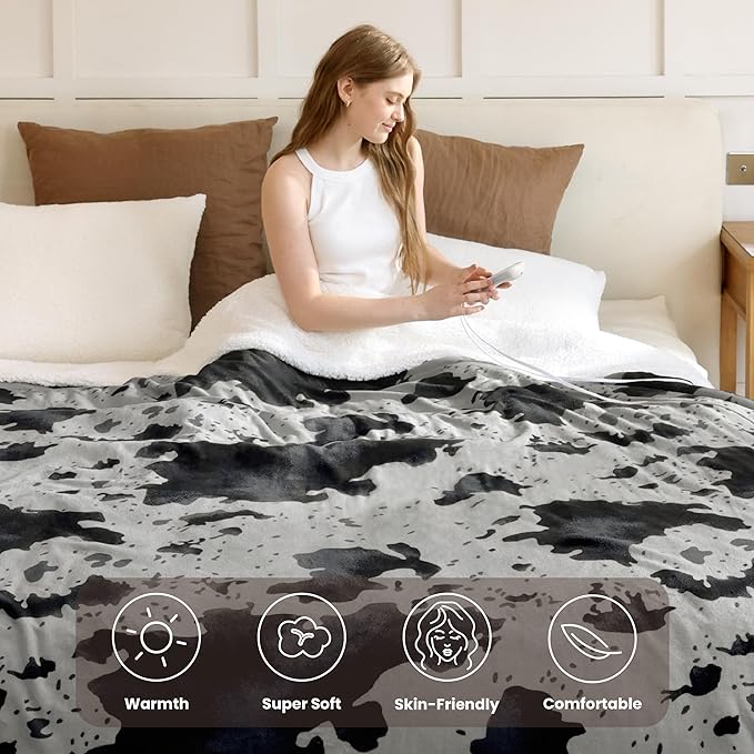 Heated Blanket Queen Blanket - Fast Heating Electric Blanket, Soft Flannel Heated Queen with 4 Time Settings,10 Heating Settings, Warm Gifts for Women & Mom & Grandma(84"x90"Cow Print Grey)