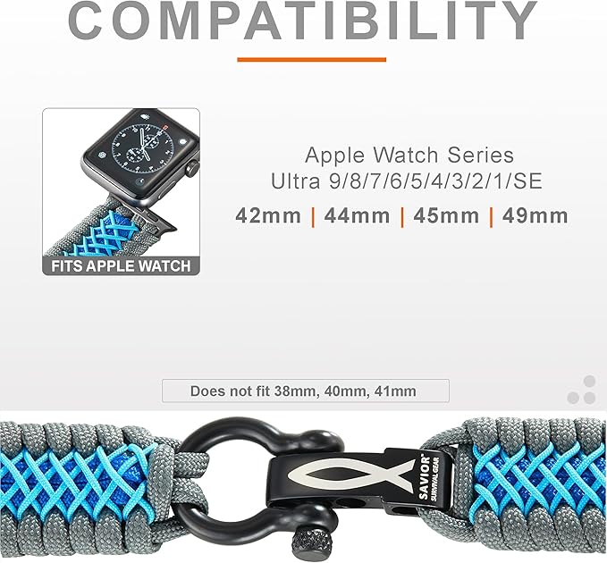Savior Survival Gear Paracord Watch Band,Compatible with Apple Watch Band 49mm 46mm 45mm 44mm 42mm,iWatch Band Series Ultra 10 9 8 7 6 5 4 3 2 1 SE,Adjustable strap for men (Blue-Gray-Sky Blue,Large)