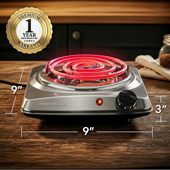 OVENTE Electric Countertop Single Burner, 1000W Cooktop with 6" Stainless Steel Coil Hot Plate, 5 Level Temperature Control, Indicator Light, Compact Cooking Stove and Easy to Clean, Silver BGC101S