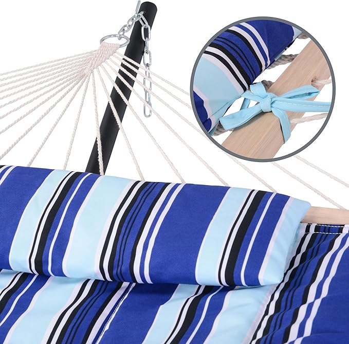 SUNCREAT Cotton Rope Hammock for Two People with Hardwood Spreader Bars, Quilted Fabric Pad & Detachable Pillow, Extra Large Hammock with Wooden Stand, Blue Stripe
