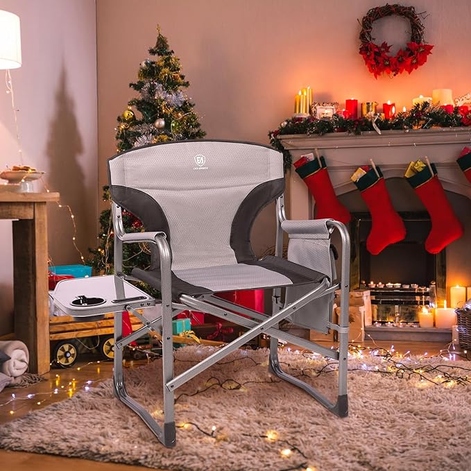 EVER ADVANCED Aluminum Lightweight Folding Director Chair, 350lbs Heavy Duty Camping Chair with Side Table & Storage, 19" Joint-Friendly Height Easy to Stand, Portable Makeup Artist & Vendor Chair