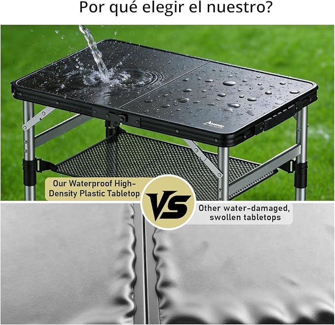 Anbte 2ft Small Plastic Folding Camping Table, Waterproof 3 Adjustable Height Portable Camping Table with Storage Net, Flat Tabletop, for Picnic Indoor Outdoor Travel Beach Patio, 22.8" X 15.7", Black