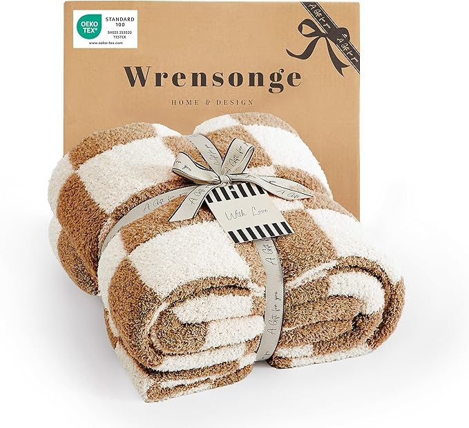 WRENSONGE Fall Checkered Throw Blanket, Burnt Orange Soft Cozy Fluffy Warm Hand Made Throw Blankets for Couch, Sofa, Chair, Bed, Camping, Picnic, Travel Lightweight Bed Blanket - 50"*60"