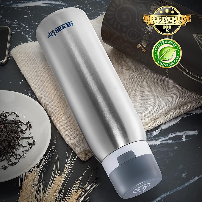 Level Up Way –25 Ounce Premium Stainless Steel Water Bottle with Filter – BPA Free - Travel Essentials - Alkaline Water Filter pH 9+ (Black)