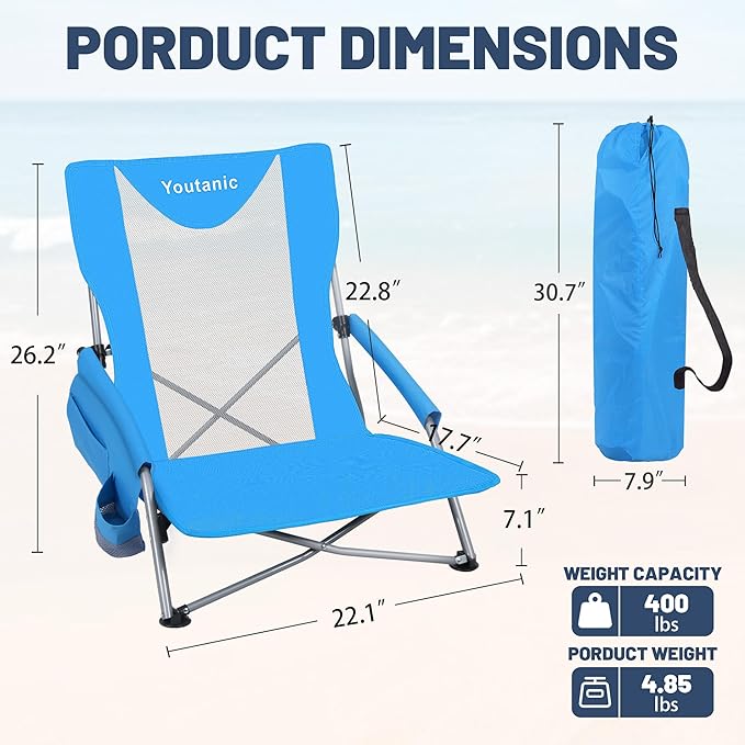 Youtanic Beach Chairs 2 Packs, Folding Portable Chair for Adults, Standard Back Extra Wide Seat with Cup Holder & Carry Bag, Lightweight Camp Chair for Outdoor, Beach, Sand, up to 350lbs, Blue