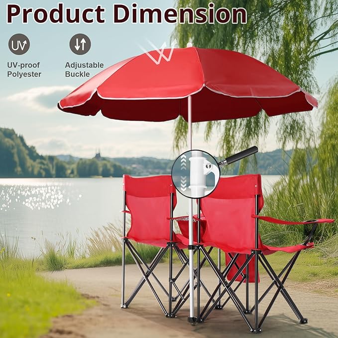 Outvita Folding Double Camping Chair w/Umbrella Beverage Holder Carrying Bag Cooler Fold Up Table, Large Bearing Capacity for Beach Patio Pool Park Outdoor Red