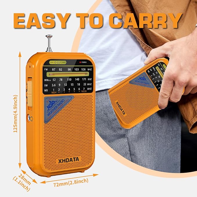 XHDATA D221 NOAA Weather Radio Portable AM FM Shortwave Radio Receiver, 2 AA Battery Operated, Transistor Radio with Excellent Reception for Emergency, Hurricane, Gift, Walking and Home (Orange)