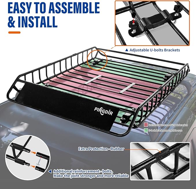 PINGDIR Roof Rack Basket 51" X 36" X 5" Rooftop Rack Cargo Carrier Universal, Waterproof Cargo Bag 44 * 35 * 16", Cargo Net with Attachment Hooks, 2 pcs Ratchet Strap,Roof Pedal