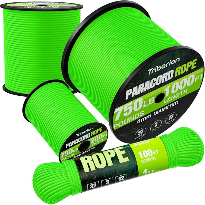 Paracord Rope 750 lb - 500ft 5/32" Parachute Cord 4MM 12-Strand para Cord - Heavy Duty Spool String for Survival,Camping Gear, Survival Bracelet, Clothesline - Neon Green