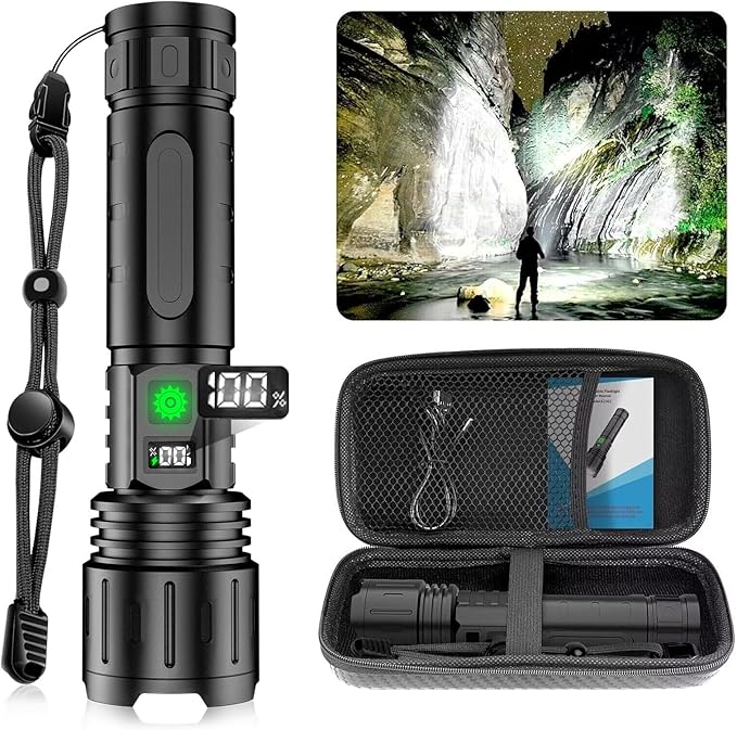 Rechargeable LED Flashlights High Lumens, High Lumens & 1500 Meters Super Bright Rechargeable Tactical Flashlight with 5 Modes,Waterproof,Powerful Handheld Flash Light for Camping