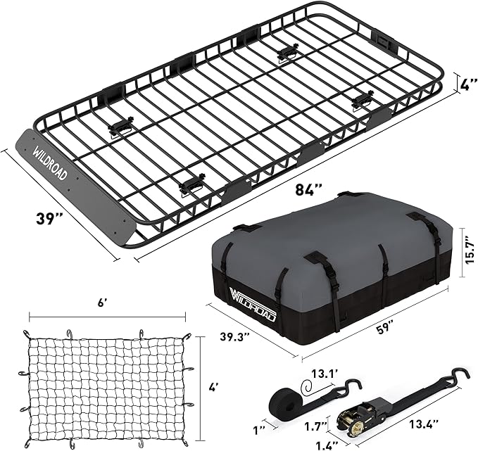 Wildroad Car Roof Cargo Carrier Combo of Upgraded 84"x 39"x 4" Roof Rack Cargo Basket with 21 Cubic ft Cargo Carrier Bag, Super Duty Bungee Cargo Net and Ratchet Straps Fits for SUV Truck Cars