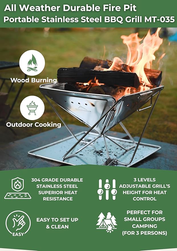 CAMPINGMOON 3 in 1 Portable Fire Pit 12 inch Foldable Stainless Steel Wood Burning Camping Stove BBQ Grill for 3 People Adjustable Height Outdoor Cooking Campfire Carry Bag included MT-035