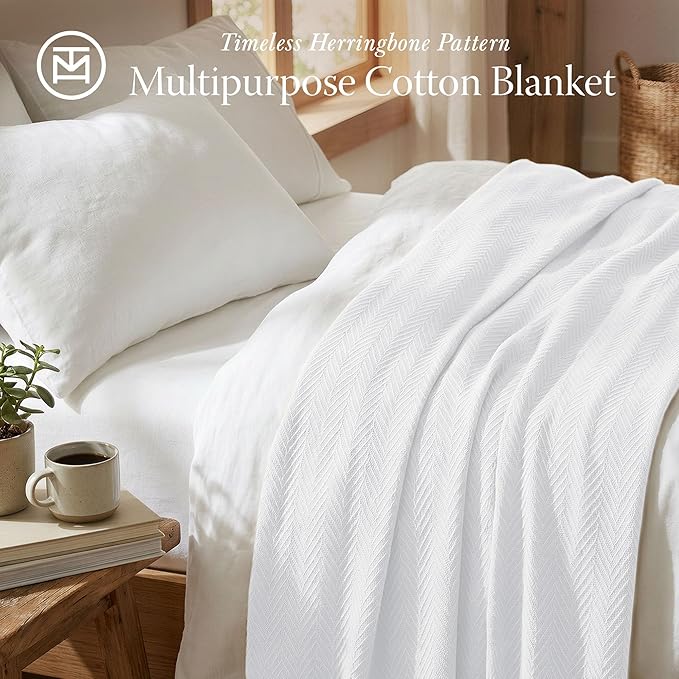 Threadmill Luxury Cotton Blankets for Twin Size Bed | All-Season 100% Cotton Twin Blanket for Bed | Herringbone Soft & Cozy Fall Thermal Blanket, 350GSM, 68x92 inches | White