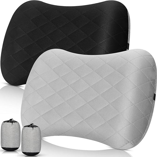Threehoney 2 Pack Inflatable Travel Camping Pillow with Removable Cover Backpacking Blow up Neck Air Pillow Compressible for Lumbar Support Travel Hiking(Black,Grey)