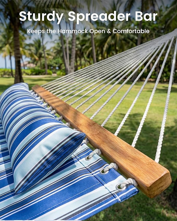 ANAGOO Double Quilted Outdoor Hammock for 2 Adults, 500lb Capacity Backyard & Camping Hammock with Pillow and Bamboo Spreader Bar, Fits 11–15ft Hammock Stands (Stand Not Included),Blue