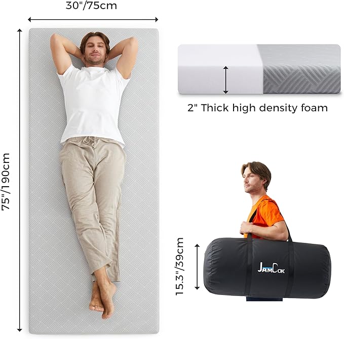 Jamdok Cooling Foam Camping Mattress for Hot Sleeper,Waterproof Sleeping Pad with Carry Bag,Roll Up Cot Mattress Topper for Summer Camping Bed,Hiking,Car,Portable(75 x 30 x 2 inches)